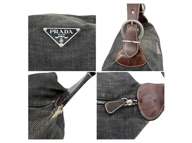 Borsa a tracolla in denim e pelle grigio e nero Prada Marrone - vista 6