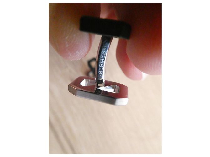 Gemelli Hermès in acciaio argentato spazzolato e PVD nero opaco, nuovo Silver hardware - vista 4