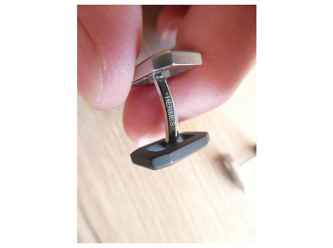 Gemelli Hermès in acciaio argentato spazzolato e PVD nero opaco, nuovo Silver hardware - vista 9