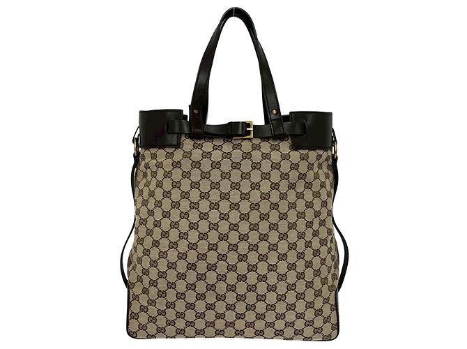 Borsa Tote Gucci in tela marrone e pelle - vista 3