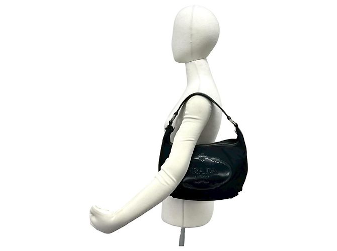 Tote Borsa a tracolla in nylon e pelle con logo in rilievo Prada Nero - vista 2