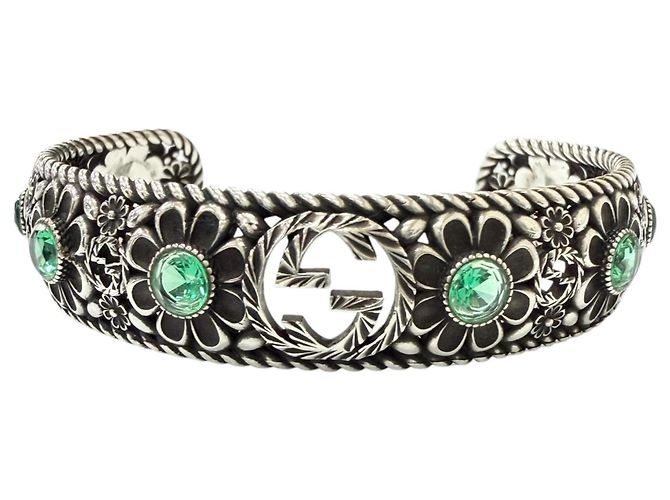 Bracciale rigido GUCCI AG925 Rhinestone Crystal Floral Interlocking G Argento Verde - vista 2