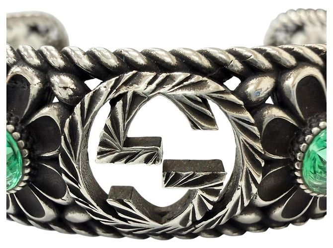 Bracciale rigido GUCCI AG925 Rhinestone Crystal Floral Interlocking G Argento Verde - vista 4