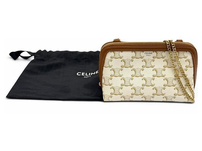 Céline Clutch Celine Triomphe Canvas Logo Chain Marrone Bianco sporco - vista 2