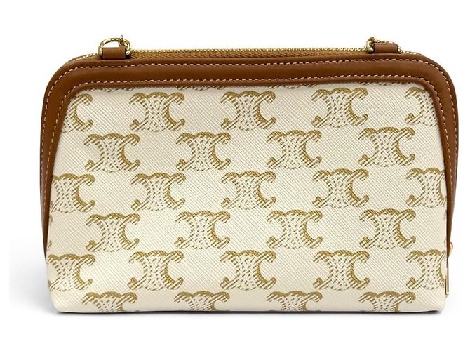 Céline Clutch Celine Triomphe Canvas Logo Chain Marrone Bianco sporco - vista 3
