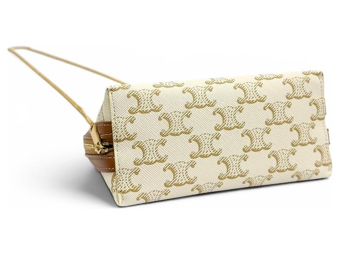 Céline Clutch Celine Triomphe Canvas Logo Chain Marrone Bianco sporco - vista 4