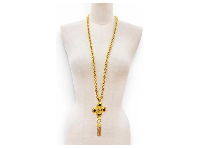 Chanel Vintage 94A Coco Mark Gripoix Collana Lunga con Frange Incrociate D'oro - vista 2