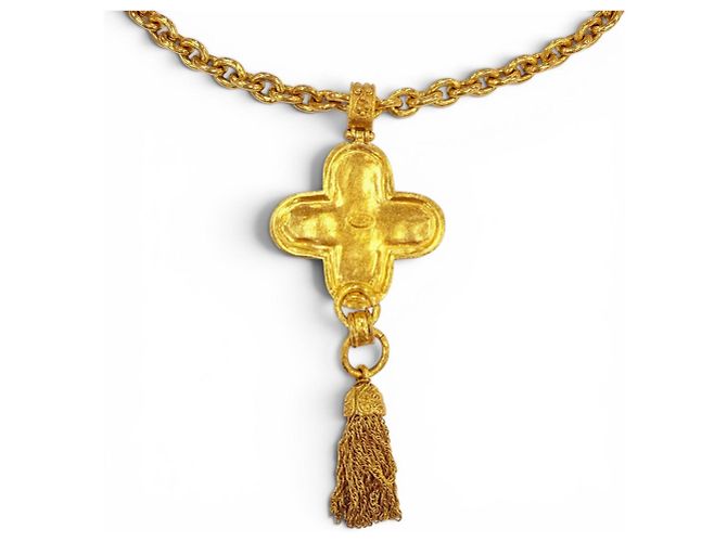 Chanel Vintage 94A Coco Mark Gripoix Collana Lunga con Frange Incrociate D'oro - vista 3