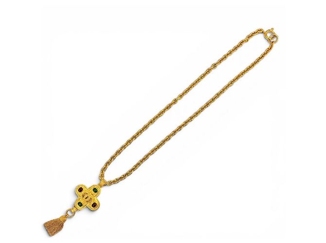 Chanel Vintage 94A Coco Mark Gripoix Collana Lunga con Frange Incrociate D'oro - vista 4