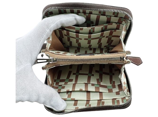 Hermès Cartera compacta Hermes Azap Mini Zip en piel marrón y seda Castaño - vista 7