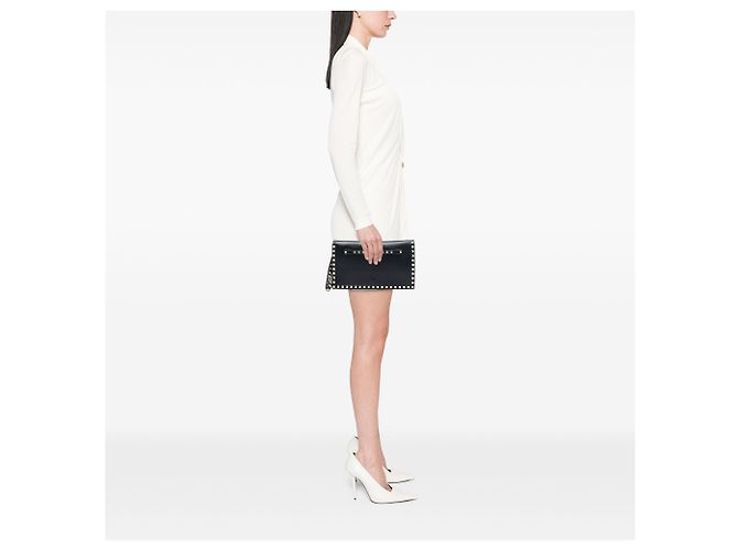 Valentino Black Leather Rockstud Flap Clutch Schwarz - Ansicht 6