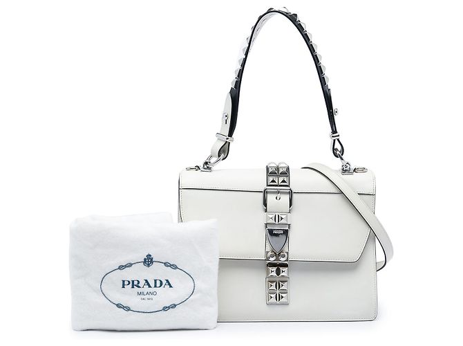 Borsa Elektra con borchie in pelle City Calf e Saffiano bianca di Prada Bianco - vista 6