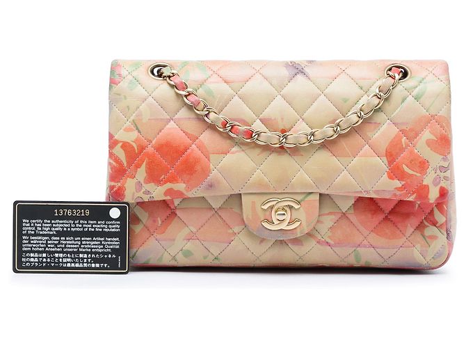 Chanel Orange Medium Classic Lambskin Tropical Flower Print Double Flap Arancione Pesca - vista 6