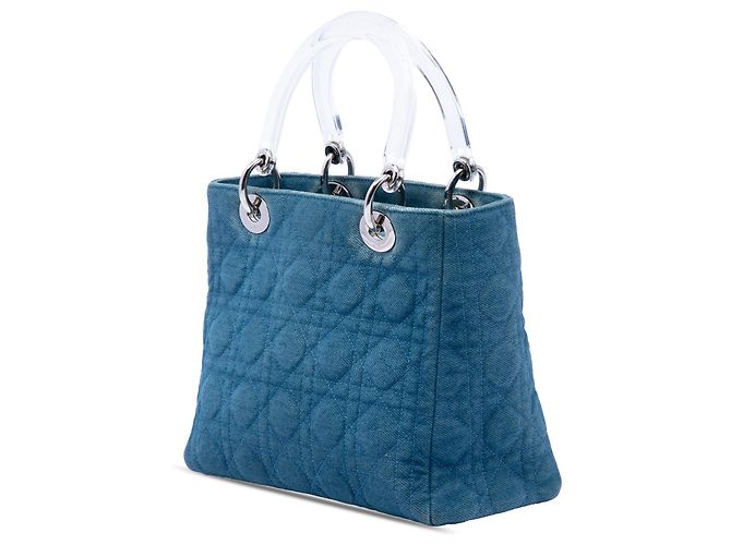 Lady Dior in denim blu Cannage con manici in acrilico Medium - vista 2