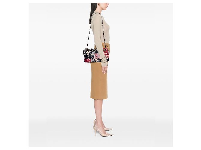 Chanel Black Jumbo Printed Nylon and Jersey Patchwork Single Flap Nero - vista 6