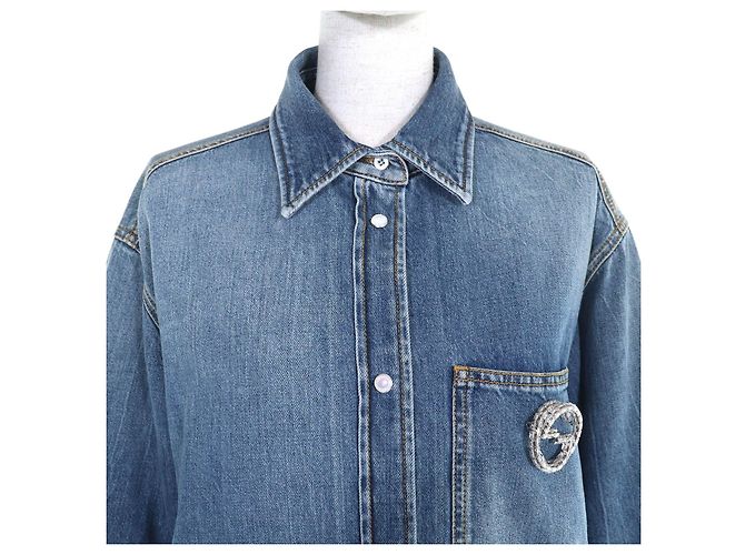 Gucci Interlocking G Brosche Denim Langarmhemd Blau - Ansicht 4