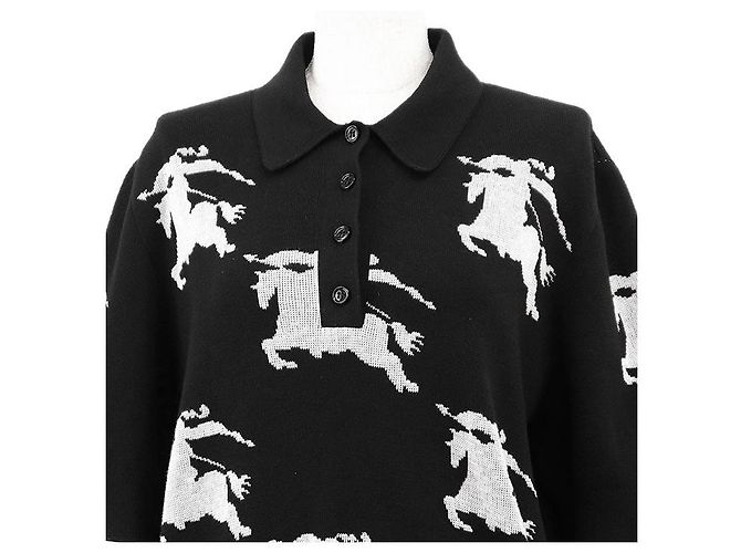 Polo de malha de algodão e seda com design Equestrian Knight Burberry London Preto Branco - vista 2