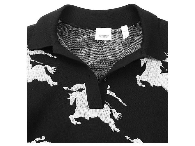 Polo de malha de algodão e seda com design Equestrian Knight Burberry London Preto Branco - vista 8