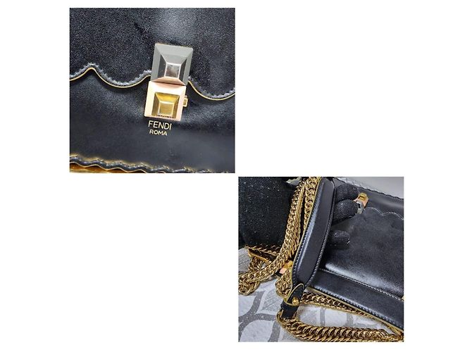 FENDI Vitello Liberty Scalloped Studded Kan I Shoulder Bag Black Nero - vista 10
