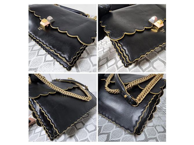FENDI Vitello Liberty Scalloped Studded Kan I Shoulder Bag Black Nero - vista 13