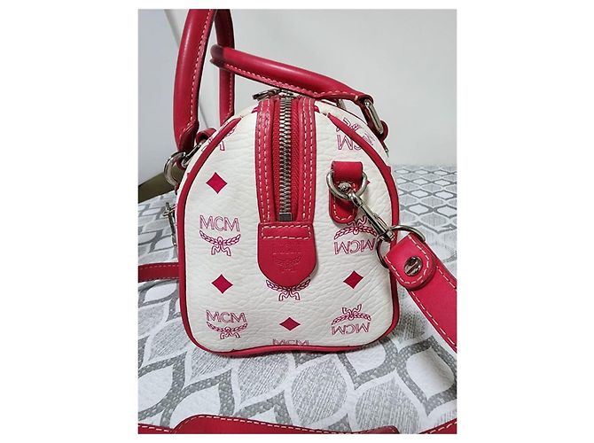 Borsa Boston MCM Visetos in tela rivestita e pelle Rosa/Bianco - vista 10