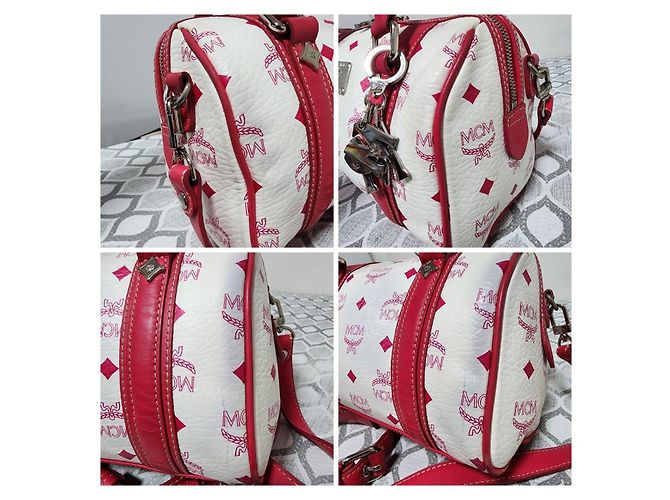 Borsa Boston MCM Visetos in tela rivestita e pelle Rosa/Bianco - vista 11