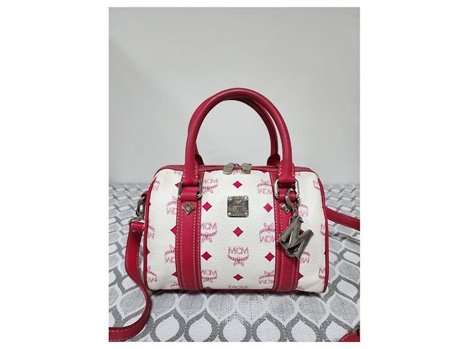 Borsa Boston MCM Visetos in tela rivestita e pelle Rosa/Bianco - vista 13