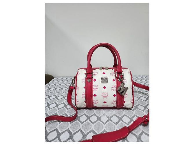 Borsa Boston MCM Visetos in tela rivestita e pelle Rosa/Bianco - vista 3