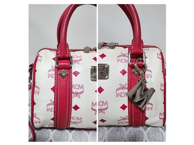 Borsa Boston MCM Visetos in tela rivestita e pelle Rosa/Bianco - vista 7