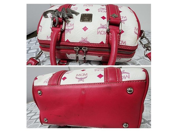 Borsa Boston MCM Visetos in tela rivestita e pelle Rosa/Bianco - vista 8