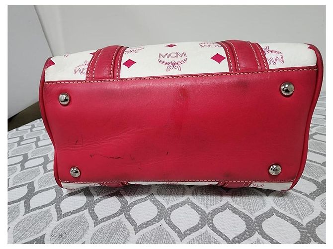 Borsa Boston MCM Visetos in tela rivestita e pelle Rosa/Bianco - vista 9