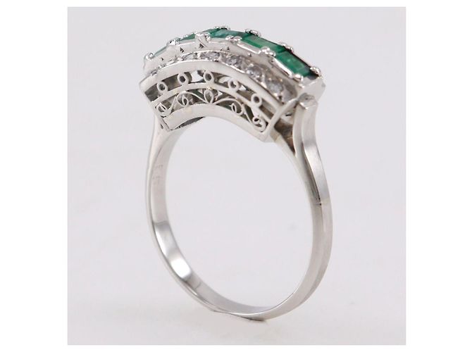 Autre Marque Pt900 Platinring mit Smaragd und Diamant Silber - Ansicht 3