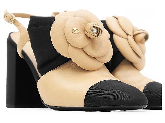 Sandálias de salto alto em couro Chanel Preto Bege - vista 13