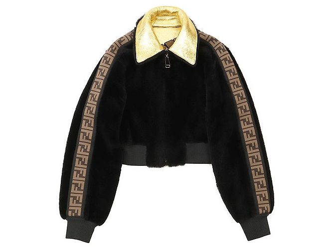 Fendi FF Logo ROMA Bestickte Lammlederjacke Schwarz Golden - Ansicht 13