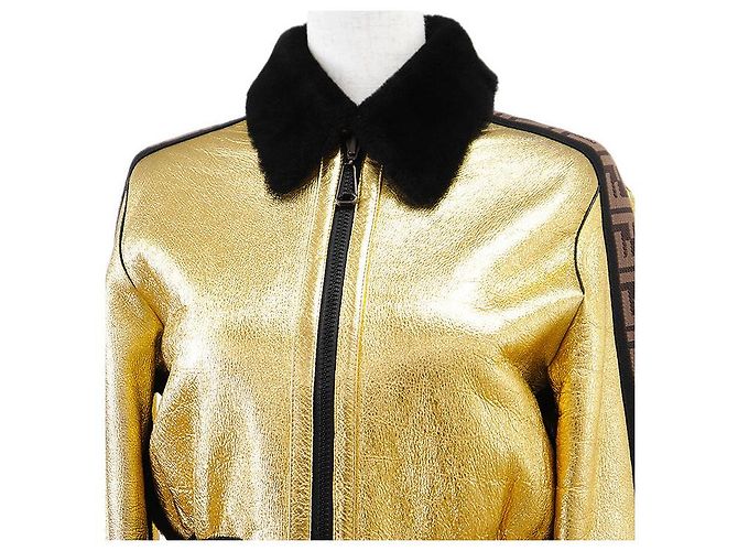 Fendi FF Logo ROMA Bestickte Lammlederjacke Schwarz Golden - Ansicht 2