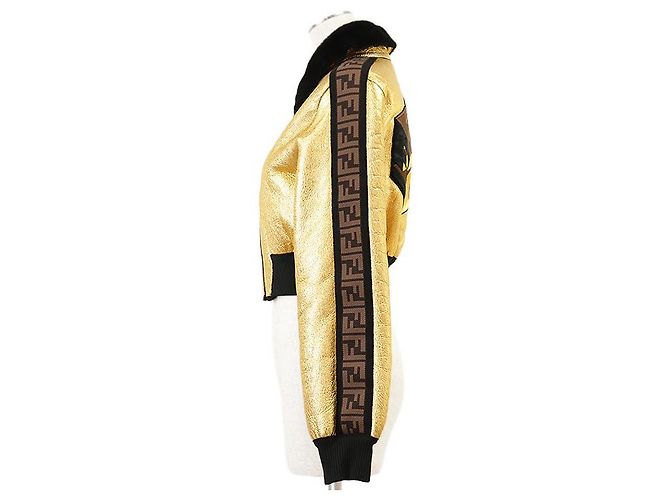 Fendi FF Logo ROMA Bestickte Lammlederjacke Schwarz Golden - Ansicht 4