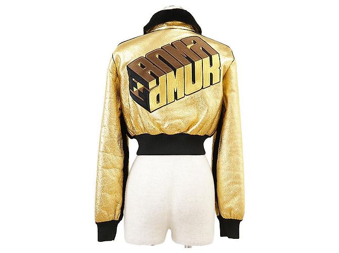 Fendi FF Logo ROMA Bestickte Lammlederjacke Schwarz Golden - Ansicht 5