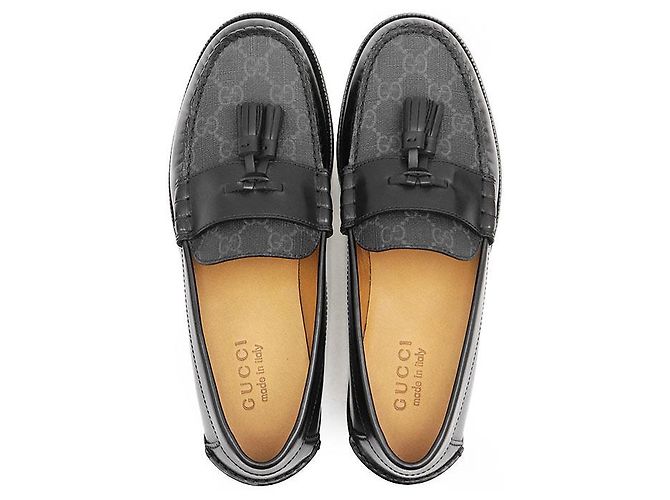 Mocassini in pelle Gucci GG Supreme monogrammati Nero Grigio antracite - vista 8