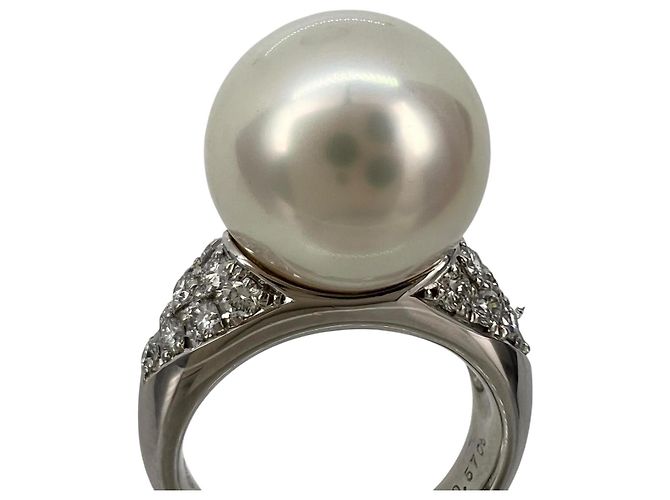 Autre Marque Weißer Südseeperlen-Ring aus Pt950 Platin und Diamanten Silber - Ansicht 4