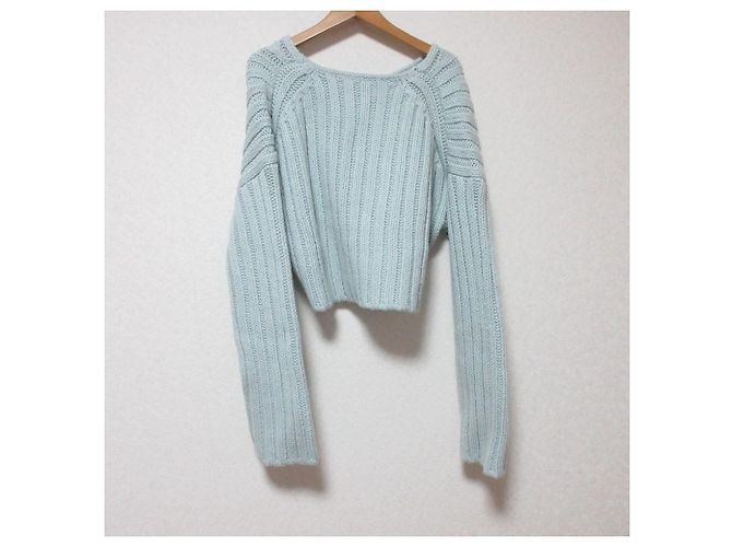 Autre Marque Noble klobiger Kurzstrick-Pullover aus Wolle mit breitem Rippenmuster Blau Hellblau - Ansicht 2