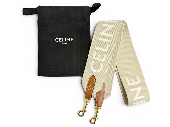 Céline Alça de ombro em couro e lona jacquard com logotipo Celine Marrom Bege - vista 2