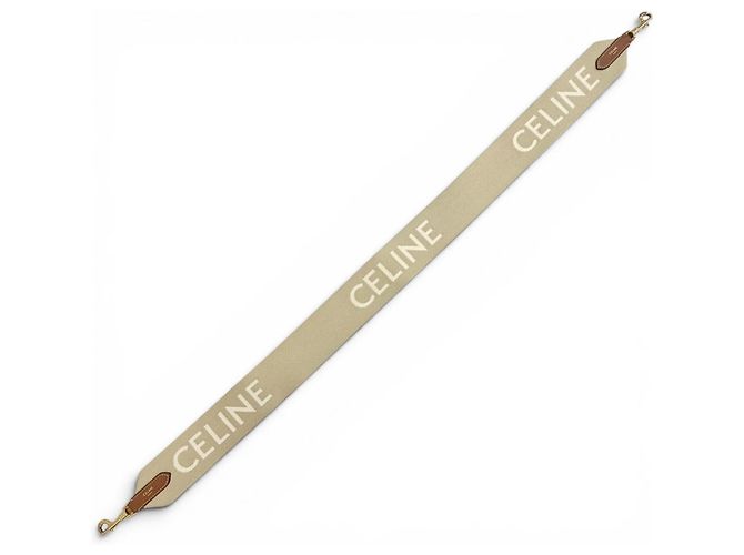 Céline Alça de ombro em couro e lona jacquard com logotipo Celine Marrom Bege - vista 3