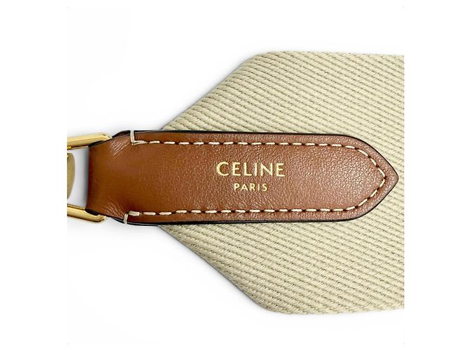 Céline Alça de ombro em couro e lona jacquard com logotipo Celine Marrom Bege - vista 7