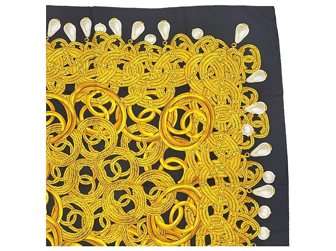 Chanel Vintage Seidenschal in Schwarz und Gold Golden - Ansicht 3