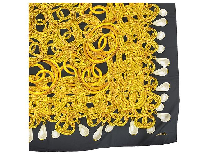 Chanel Vintage Seidenschal in Schwarz und Gold Golden - Ansicht 5