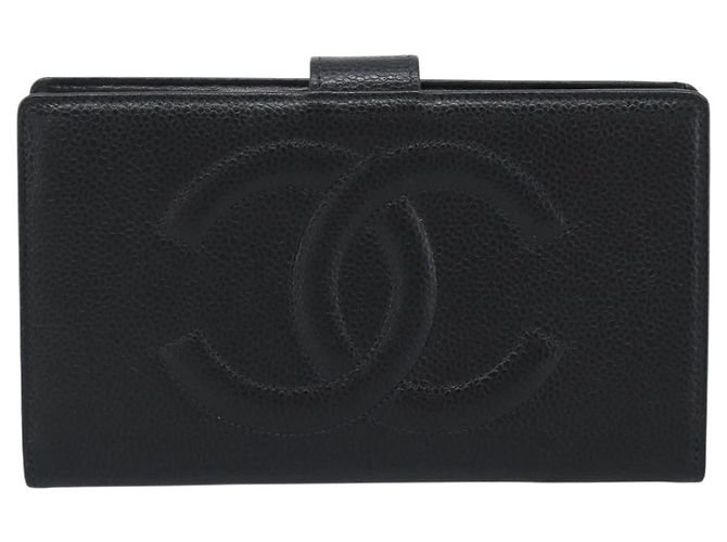 CHANEL COCO Mark Langgeldbörse Caviar Leder Schwarz Gold CC Auth 191387V Golden - Ansicht 13