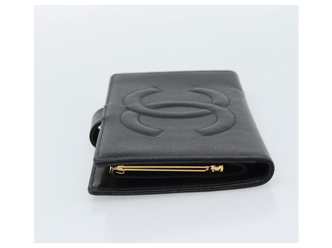 CHANEL COCO Mark Langgeldbörse Caviar Leder Schwarz Gold CC Auth 191387V Golden - Ansicht 3