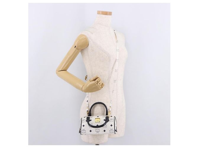 Borsa Mini Boston Vicetos MCM in PVC e pelle White Gold Auth 191656A Bianco D'oro - vista 23