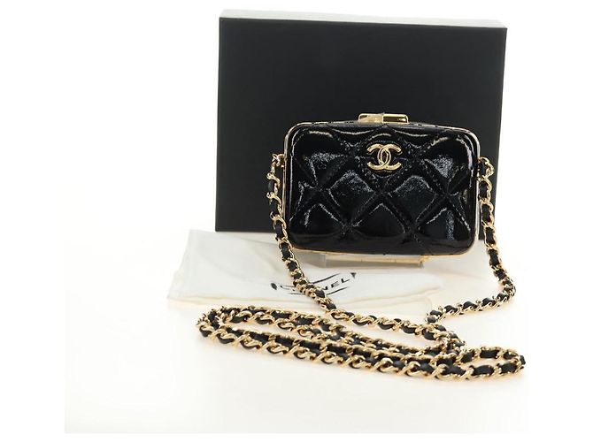 CHANEL Matelasse Chain Shoulder Pouch Pelle vernice Nera CC Auth 190043SAM Nero D'oro - vista 12