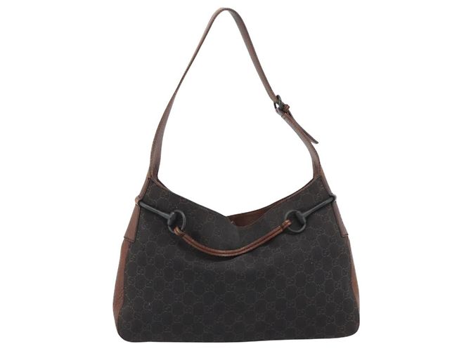 Borsa a Spalla GUCCI GG Canvas Horsebit Marrone Scuro Nero 101975 Auth BA13967A - vista 2